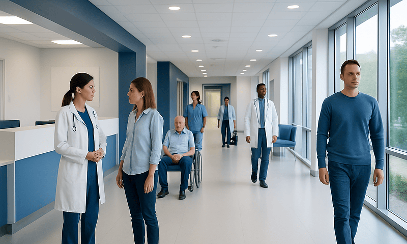 Healthcare professionals and patients in a modern hospital corridor.