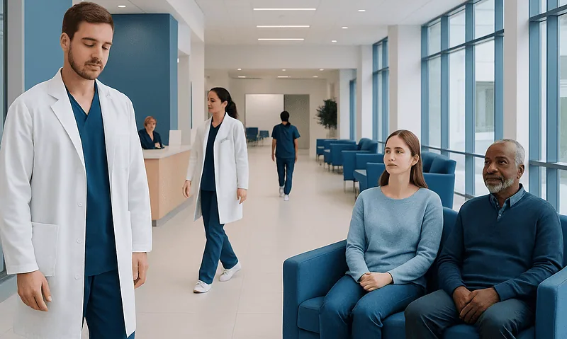 Medical professionals and patients in a modern hospital lobby.