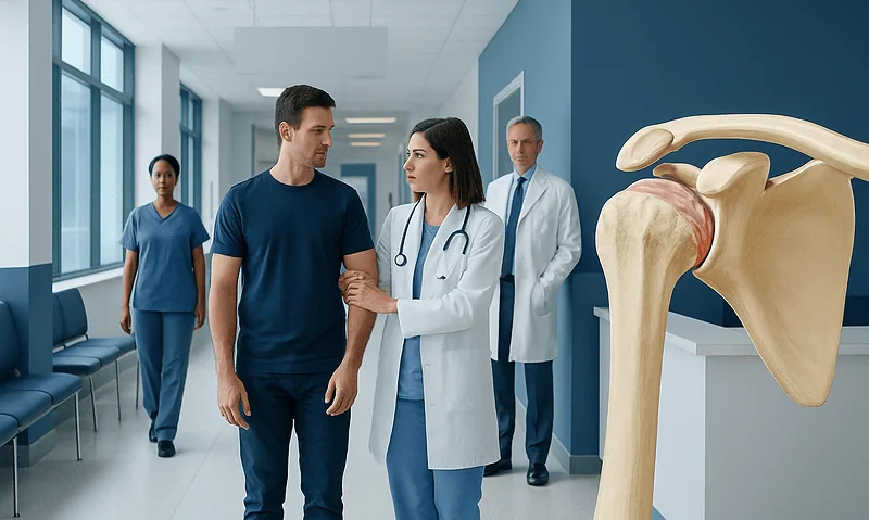 Medical team discussing shoulder health in hospital corridor with shoulder anatomy model.