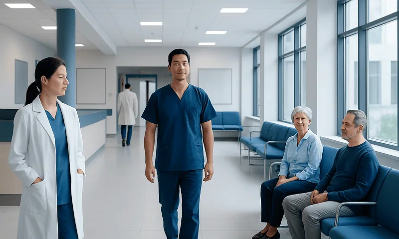 Medical staff and patients in a modern hospital corridor.