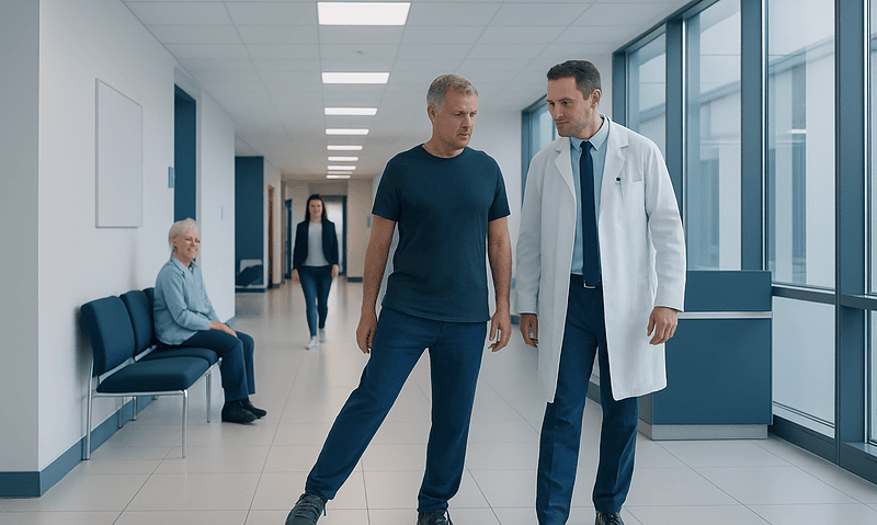 Doctor assisting patient in hospital corridor for hip mobility assessment.