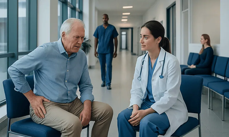 Health Library 10 Doctor consulting elderly patient in hospital corridor.