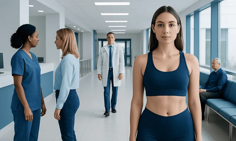 Young woman in sportswear at hospital with medical staff and doctor in background.