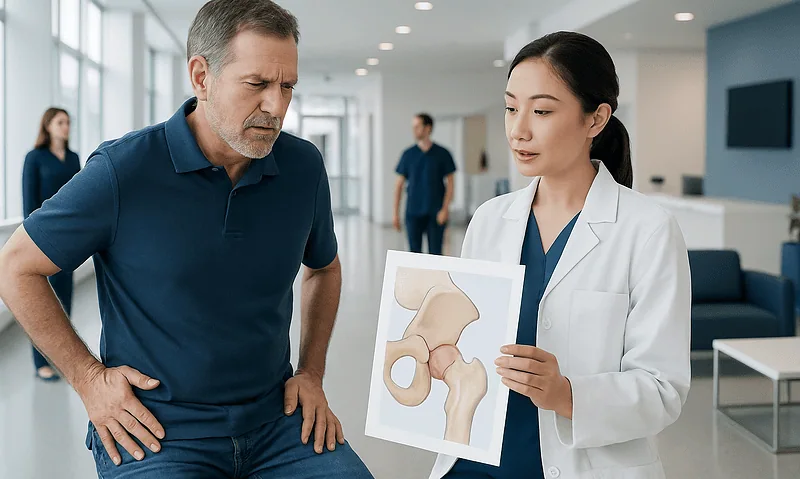 Doctor explaining hip anatomy to a patient in a hospital corridor.