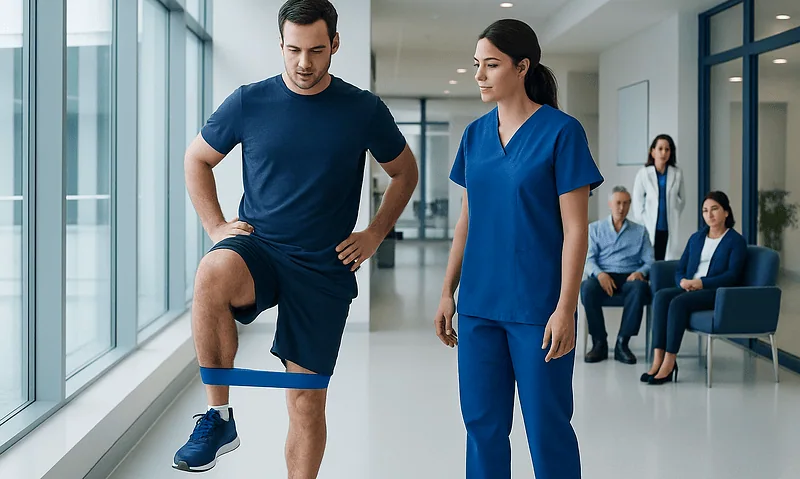 Patient doing physical therapy with healthcare professional in hospital corridor.