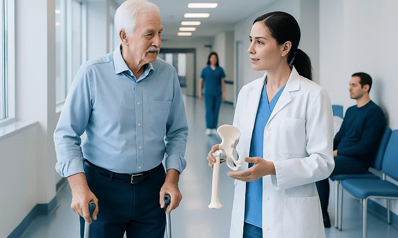 Hip Operation Replacement: Benefits, Risks, and Recovery — A Complete Guide 6 Senior man consulting with a doctor about hip replacement in hospital corridor.