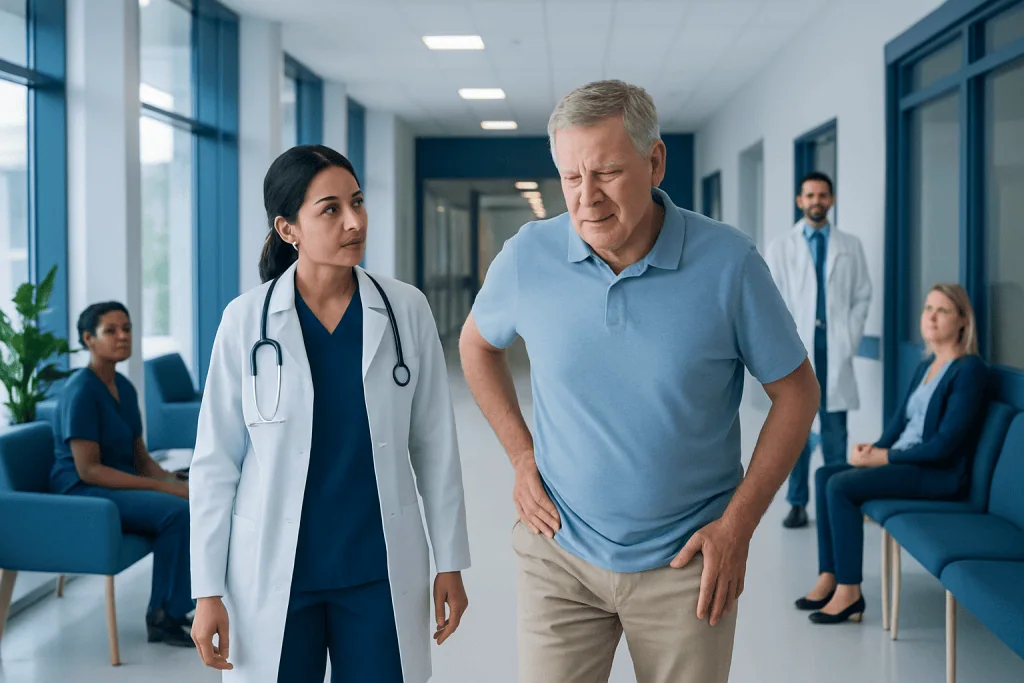 Hip Pain Causes: Possible Causes and When to Seek Care 1 Senior man experiencing hip pain in hospital corridor with medical staff nearby.