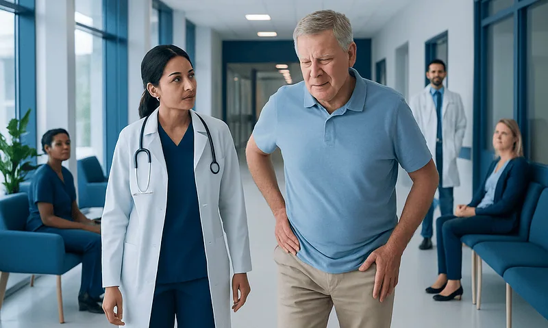 Senior man experiencing hip pain in hospital corridor with medical staff nearby.