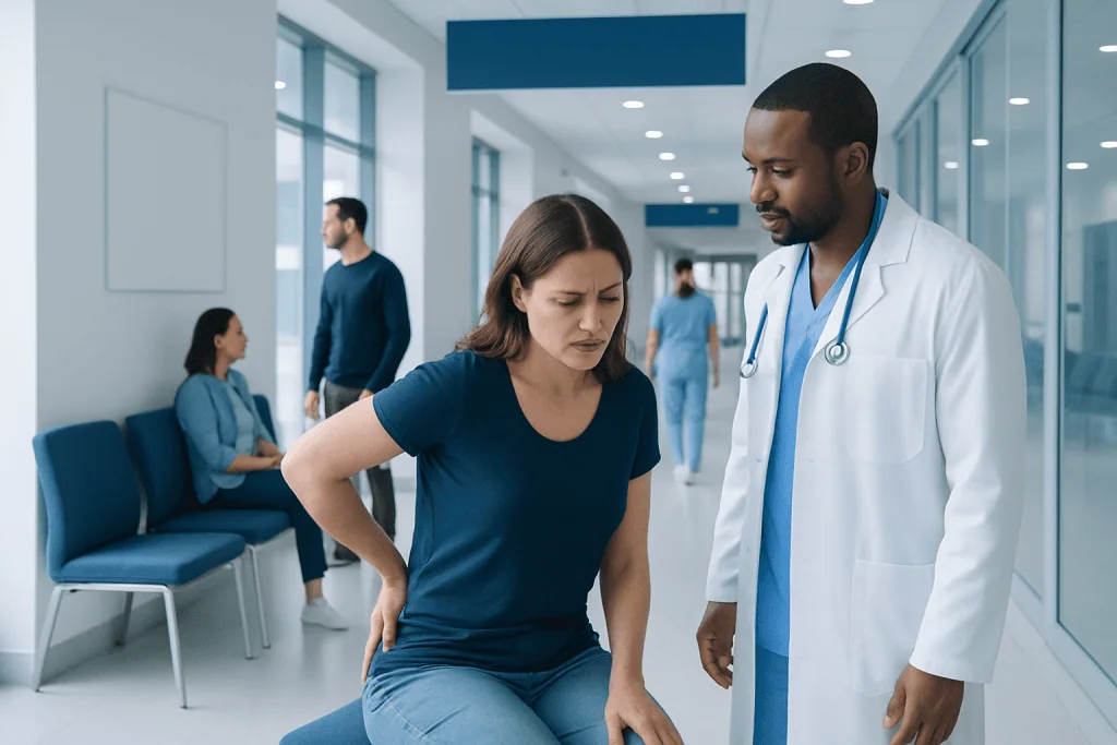 Hip Pain: Common Causes, Related Conditions, and When to See a Doctor 1 Patient experiencing hip pain consults with doctor in hospital corridor.
