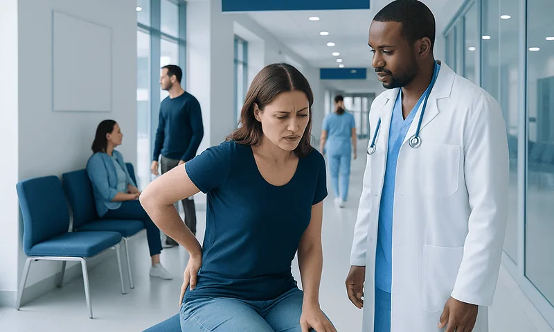 Patient experiencing hip pain consults with doctor in hospital corridor.