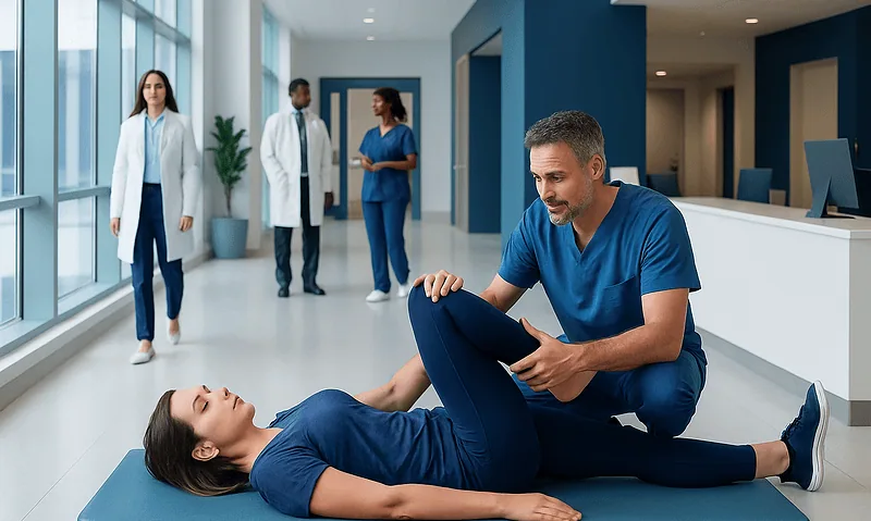 Physiotherapist examining a patient's hip in a hospital corridor.