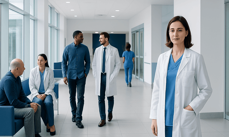 Medical team and patients in a modern hospital corridor.