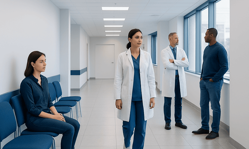 Hippopotomonstrosesquippedaliophobia: An Evidence-Based Guide for Patients 3 Medical professionals and patient in hospital corridor at Acibadem Hospitals Group.