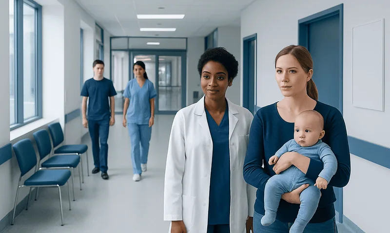 Healthcare professionals and a mother with a baby in a hospital corridor.