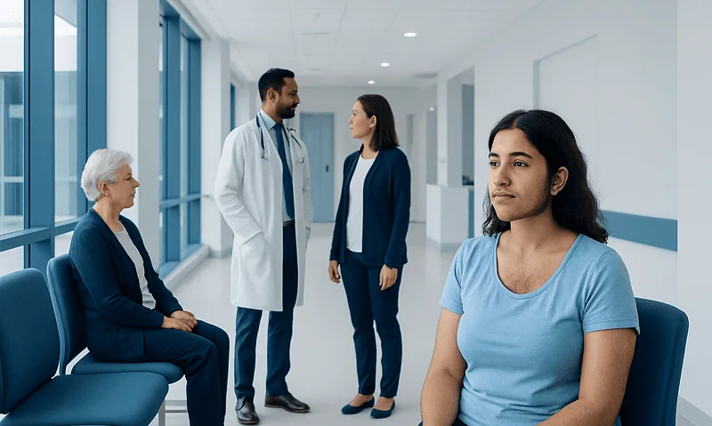 Patient waiting in hospital corridor with medical staff nearby.