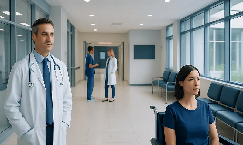 Doctor and patient in a modern hospital corridor with large windows.