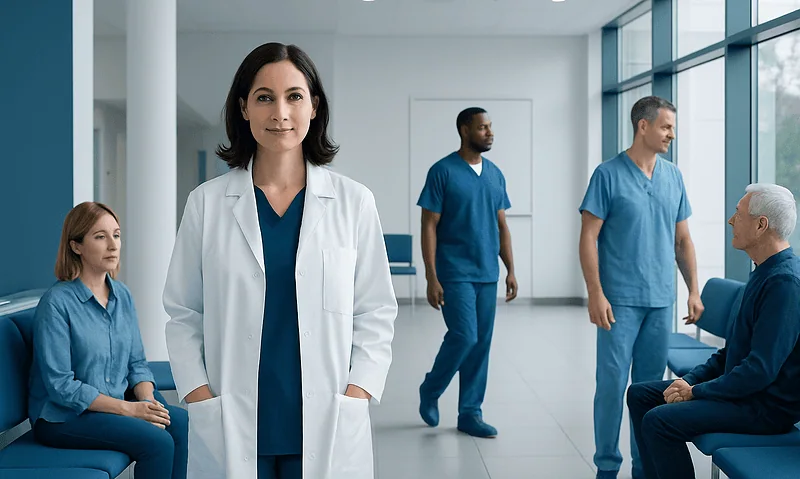 Healthcare professionals in a hospital corridor with a female doctor in the foreground.
