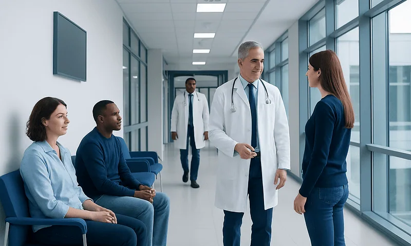 Doctors and patients in a modern hospital corridor.
