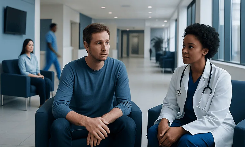Patient consulting with a doctor in a hospital waiting area.