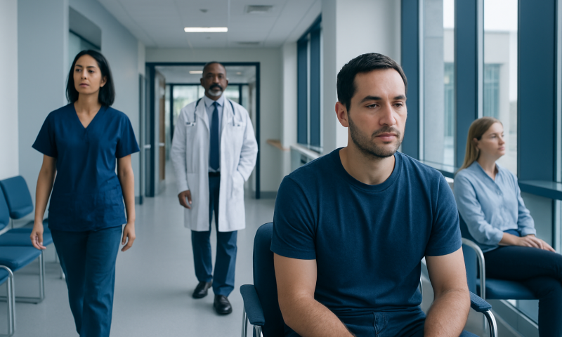 Men waiting in a hospital corridor, one looking worried, others seated or walking.