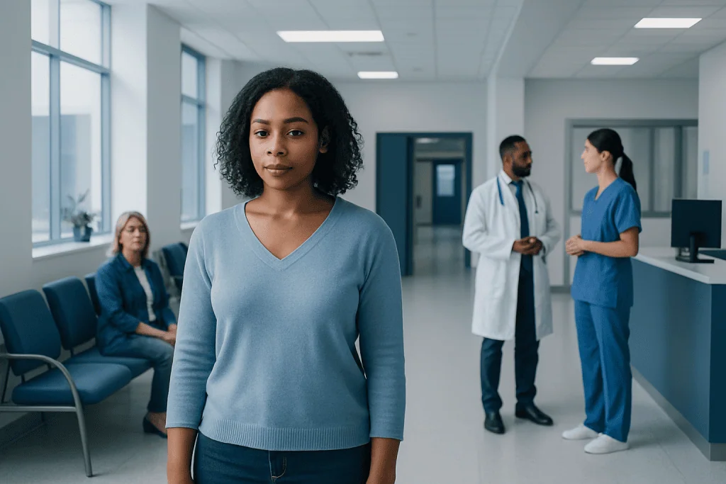HIV Symptoms in Women: Possible Causes and When to Seek Care 1 Diverse group of women and healthcare professionals in a hospital corridor.