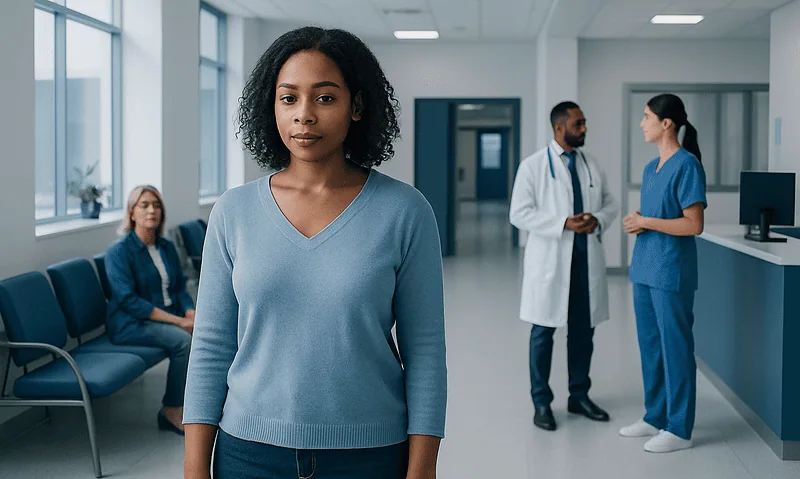 Diverse group of women and healthcare professionals in a hospital corridor.