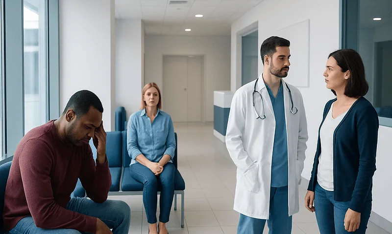 Doctor consulting with a woman in a hospital corridor with waiting patients.