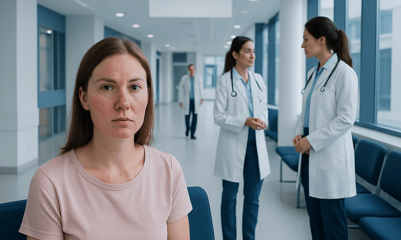 Patient with hives on face in hospital corridor, medical staff in background.