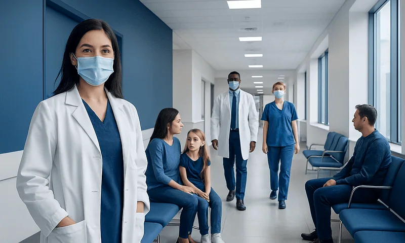 Healthcare professionals and children in a hospital corridor wearing masks.