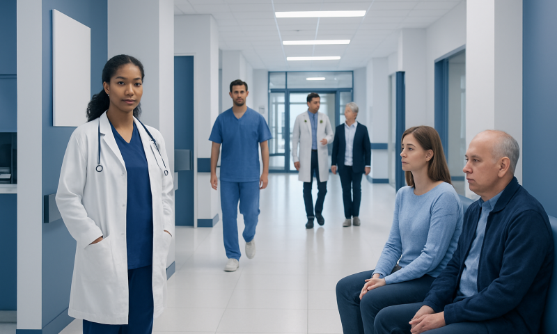 Medical team and patients in a hospital corridor at Acibadem Hospitals Group.