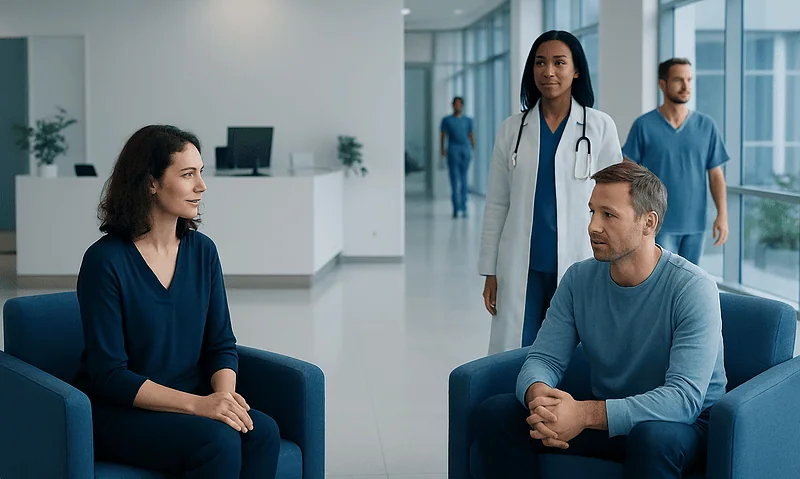 Patients consulting with a doctor in a modern hospital lobby.