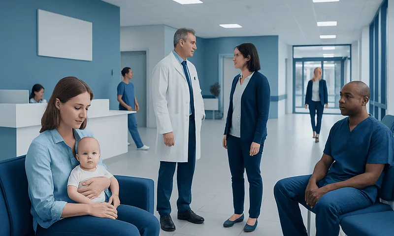 Hospital waiting area with medical staff and patients in a modern healthcare facility.