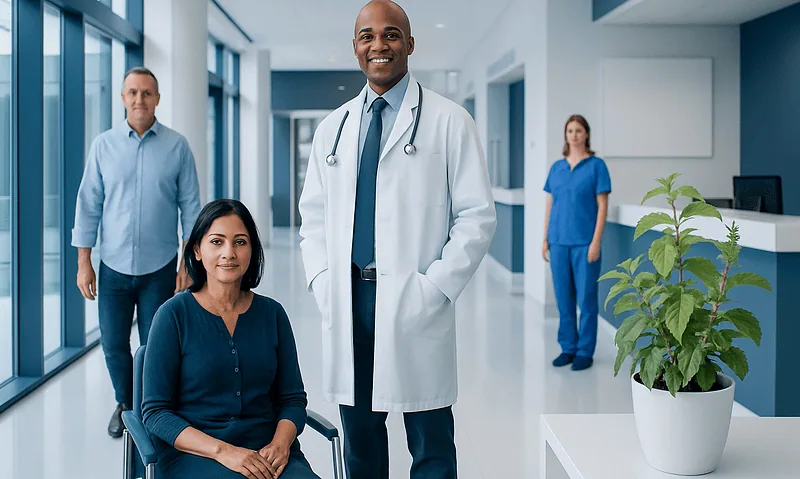 Healthcare professionals in a modern hospital corridor with a patient and staff.