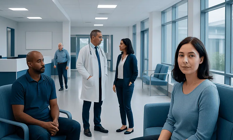Patients and doctor in a hospital waiting area with large windows and modern design.