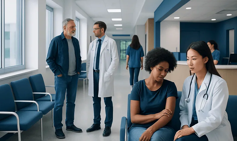 Medical consultation in a hospital corridor with doctors and patients.