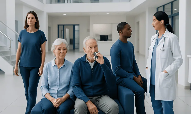 Patients in a hospital waiting area with a healthcare professional.