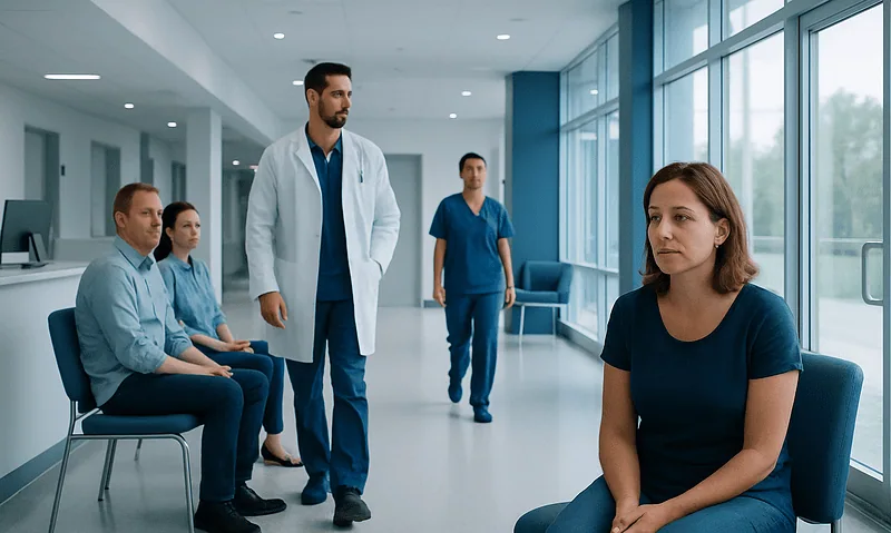 Doctor consulting with patients in a modern hospital corridor.