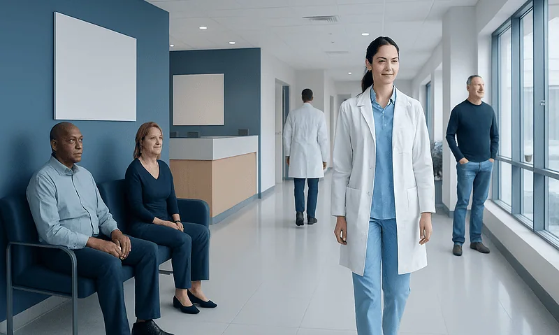 Healthcare professionals and patients in a modern hospital corridor.