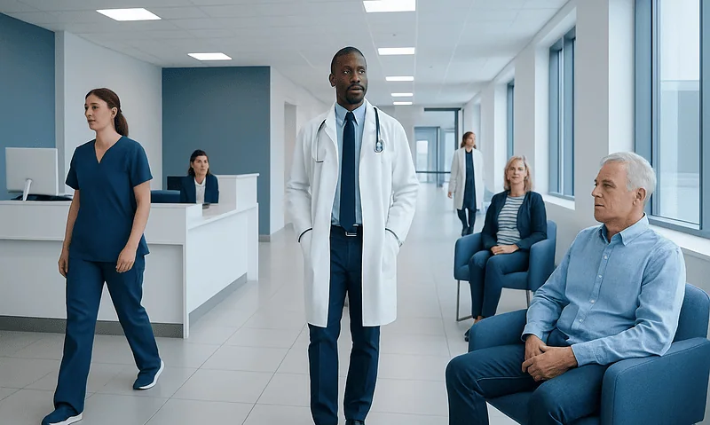 Medical team in hospital waiting area with doctor and patients.