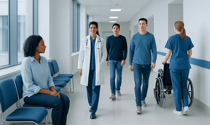 Medical team walking in hospital corridor with patient in wheelchair.