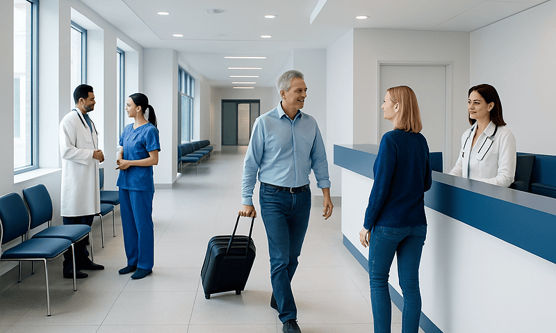 Patients and medical staff in a modern hospital reception area.