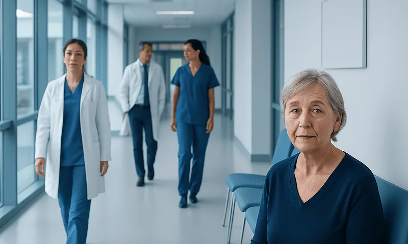 Senior woman waiting in hospital corridor with medical staff nearby.
