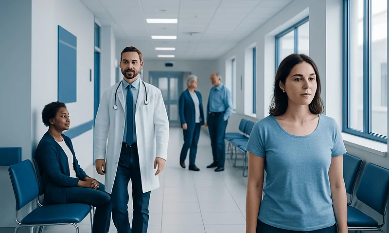 Medical consultation in hospital corridor with doctor and patients.