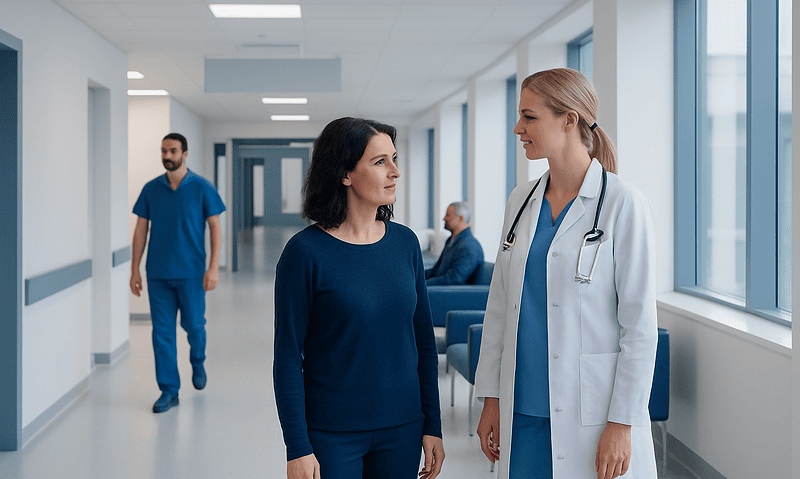 Patient talking to doctor in hospital corridor with staff in background.