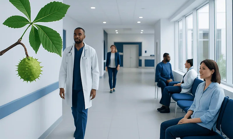Medical staff and patients in a hospital corridor with a large horse chestnut leaf graphic.