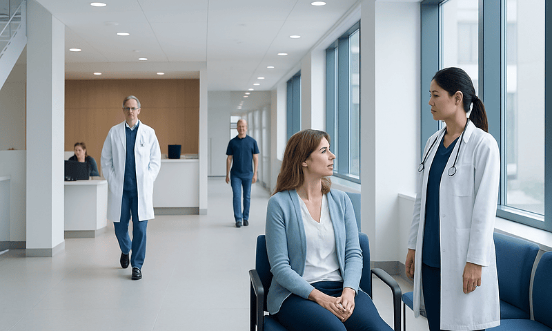 Doctor consulting with patient in hospital corridor with medical staff in background.