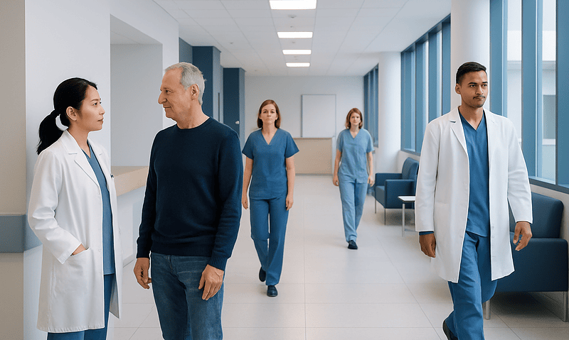 Medical staff and patient in hospital corridor at Acibadem Hospitals Group.