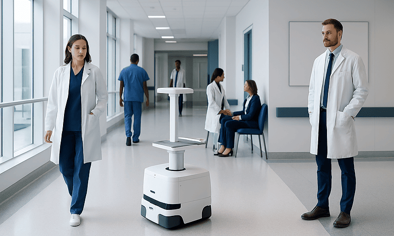 Hospital robots supporting staff in a modern healthcare environment.