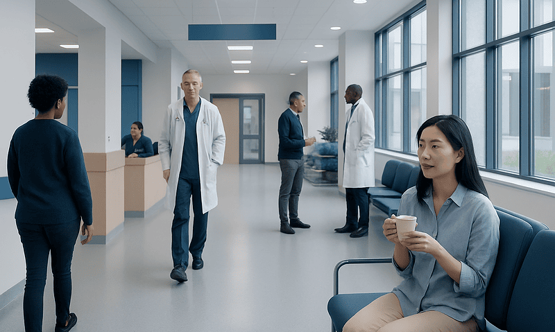 Healthcare professionals and patients in a modern hospital corridor.