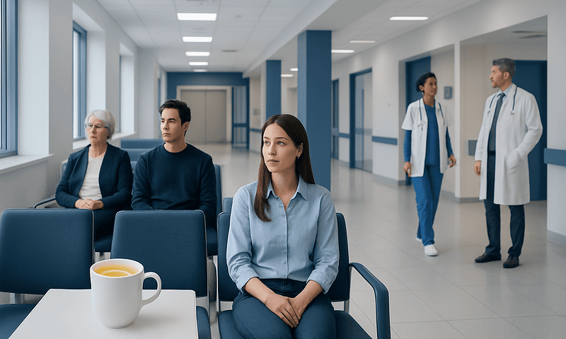 Patients waiting in a hospital corridor with medical staff in the background.